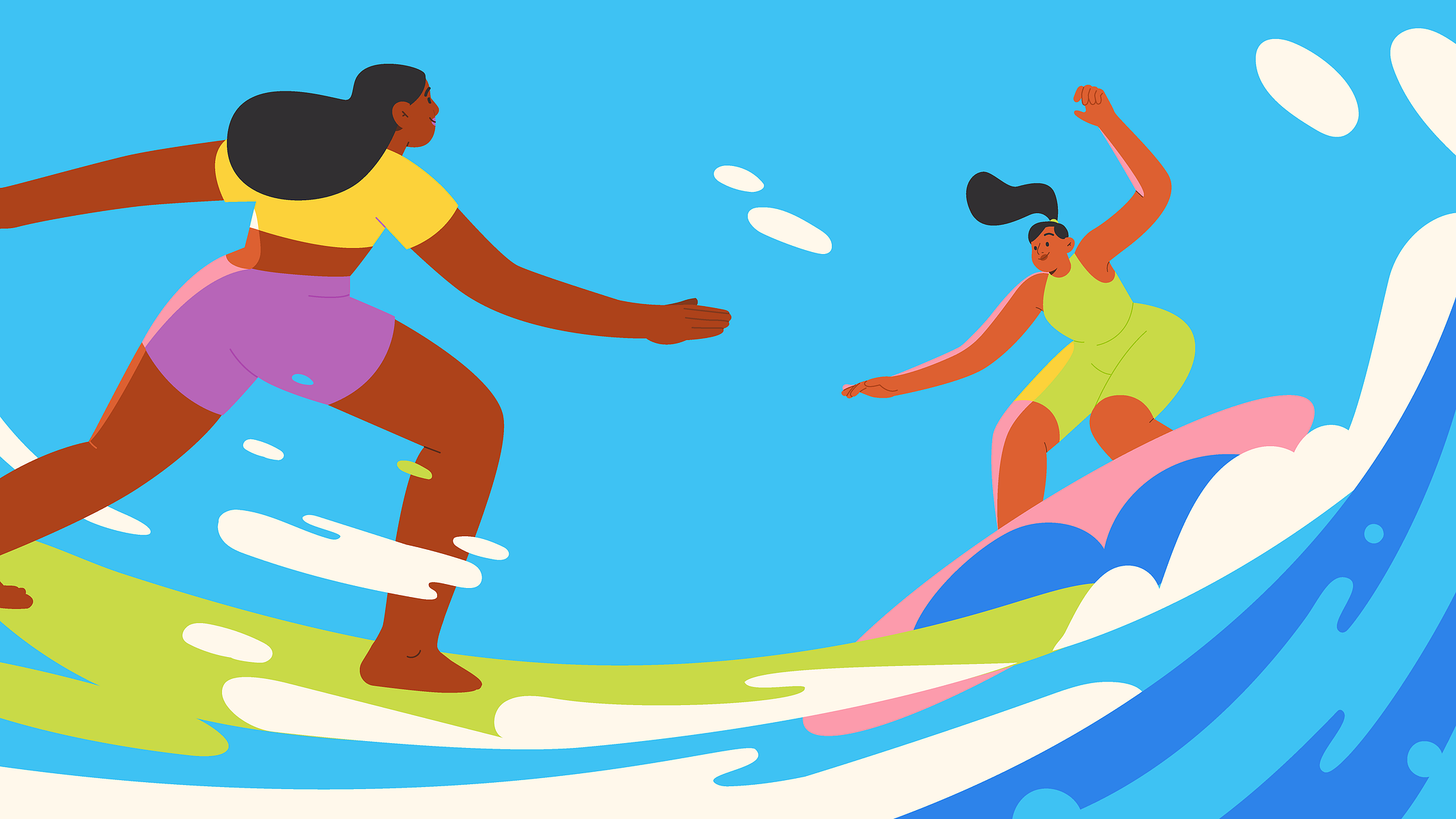 Two smiling brown-skinned women in colorful swimming suits are surfing a big wave under a bright blue sky.