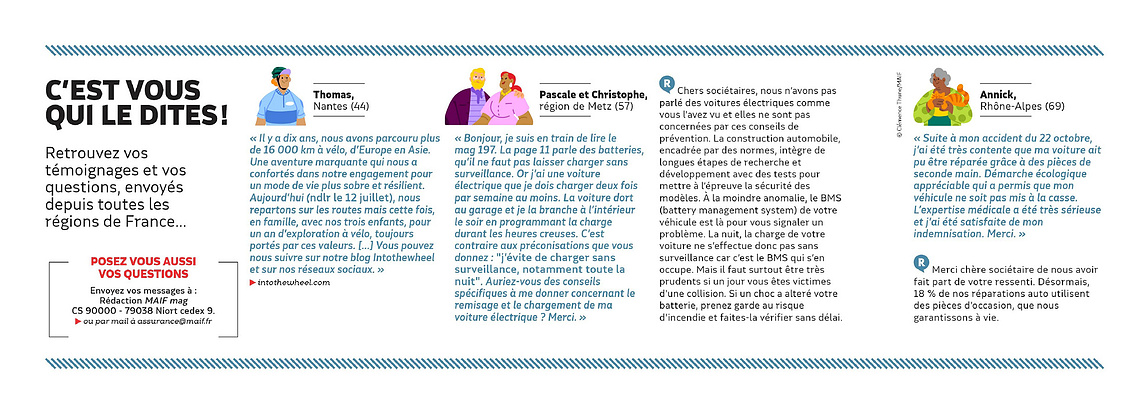 Mise en page éditoriale : vignettes illustrées accompagnant les témoignages, format adapté au rythme de lecture
