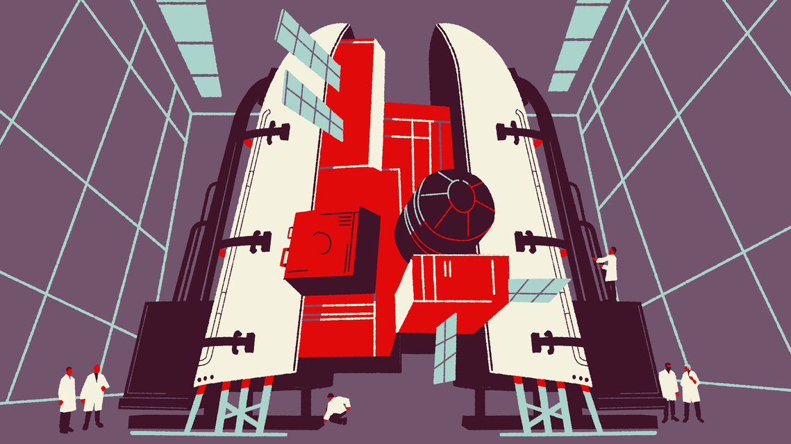 Virgin Orbit huge rocket launcher. Scientists and engineers in blouse at its feet.