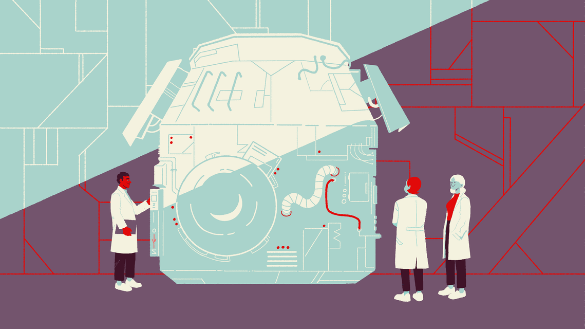 Three engineers in a lab around a satellite
