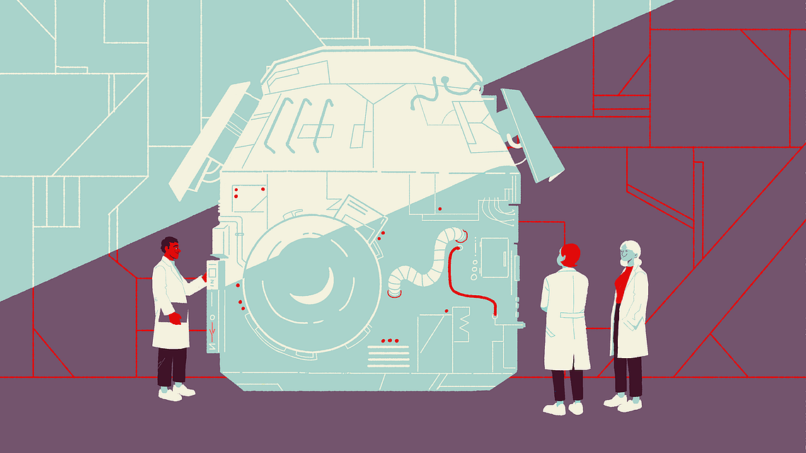 Three engineers in a lab around a satellite