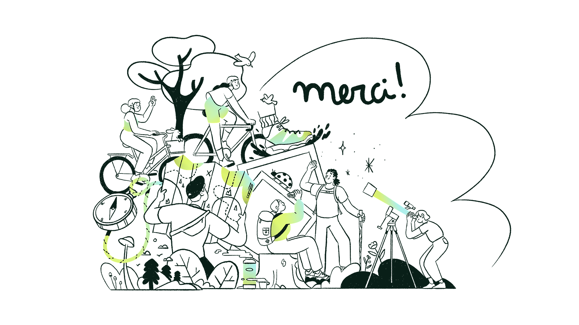 Eco-designed line illustration, sober look and dynamic characters evolving in a natural landscape. They're hiking, biking and stargazing.