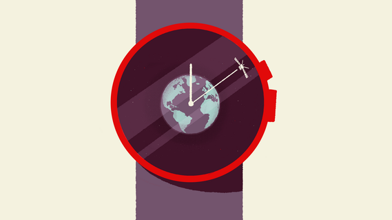 Wristwatch with the Earth un the middle, satellite at tip of the big hand