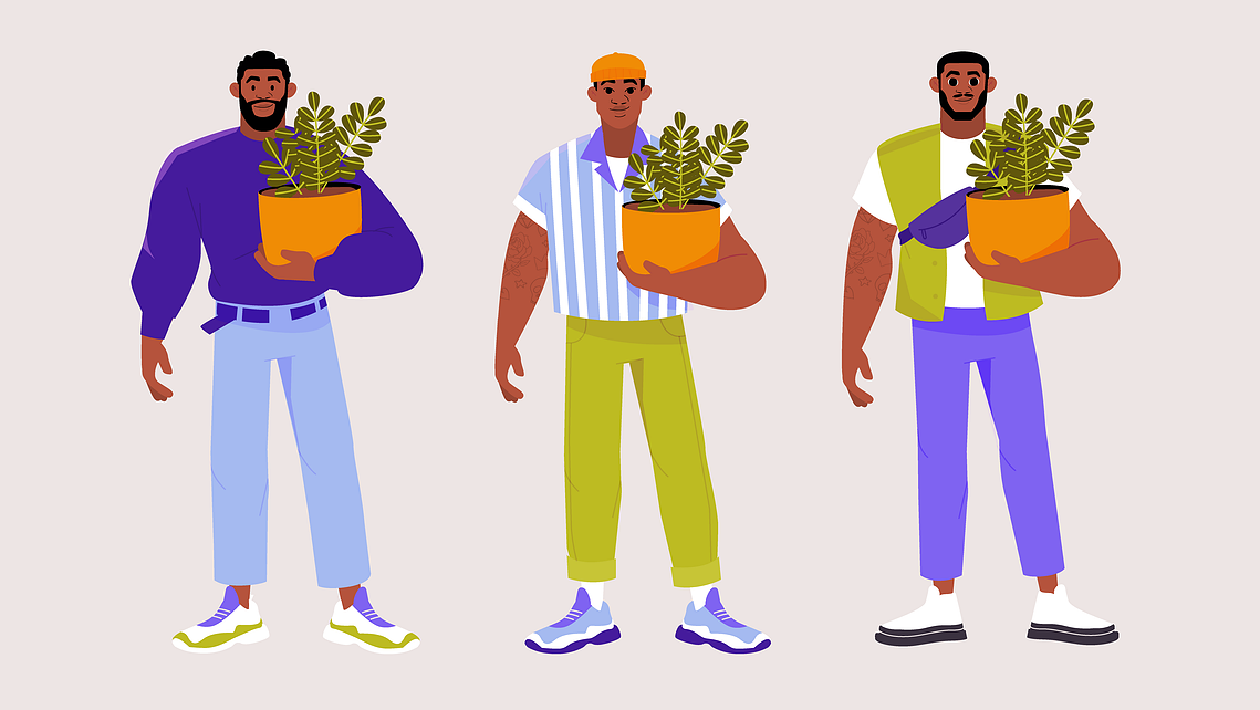 Character exploration for Mia's father: three dynamic poses showing a young, athletic dad holding plants. Variations include casual sweater and smart casual shirt styles, each capturing his warm personality.