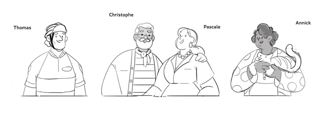 Études de personnages : diversité d'âges et de styles, du cycliste aux seniors, portrait inclusif de la société