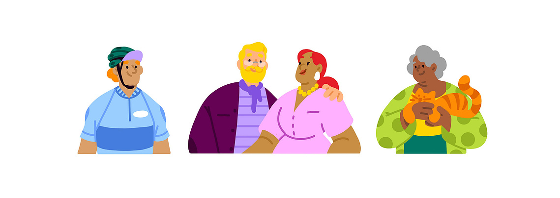 Flat design coloré : galerie de portraits vivants, du sportif cycliste aux seniors, ambiance pop et inclusive