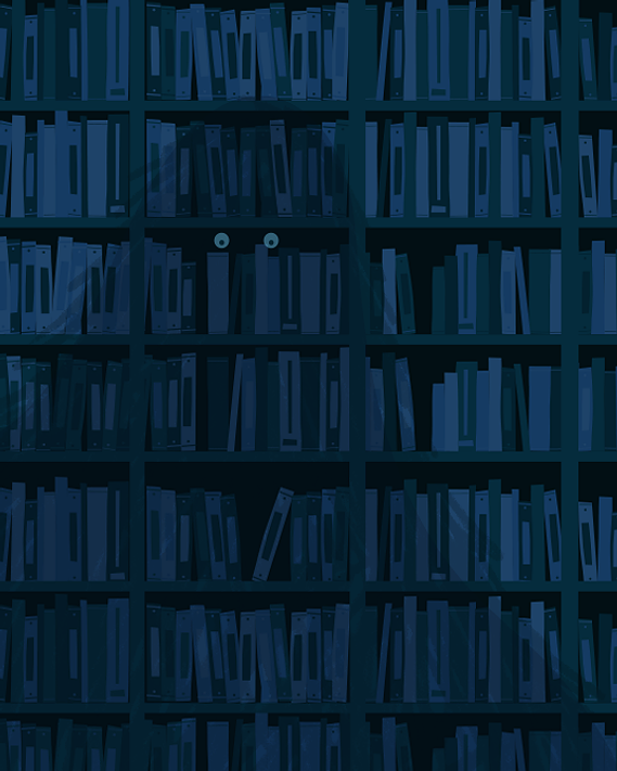 Eye-balled shadow monster in the book-stacked shelves