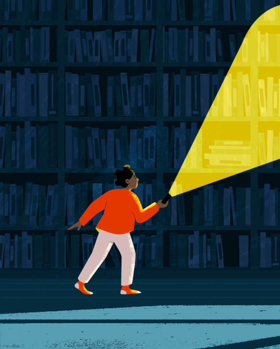Close-up on small black girl in orange pajamas and socks tiptoeing in the library with a bright torch