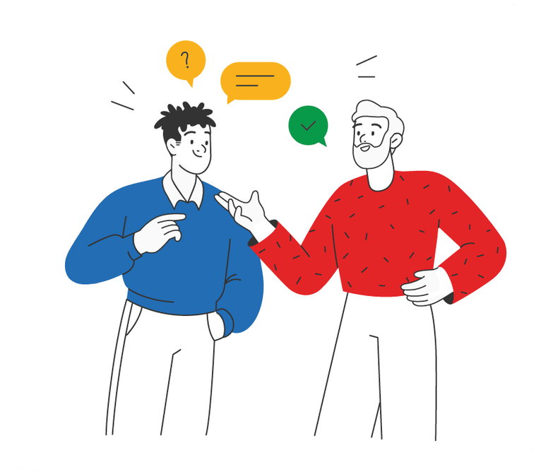 Illustration pour campagne Zoho : deux hommes discutent ensemble, l'un en pull et l'autre en t-shirt, affichant des attitudes dynamiques et expressives – création de Clémence Thune