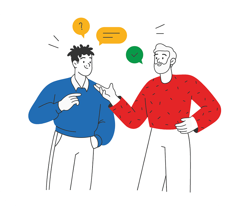 Illustration pour campagne Zoho : deux hommes discutent ensemble, l'un en pull et l'autre en t-shirt, affichant des attitudes dynamiques et expressives – création de Clémence Thune