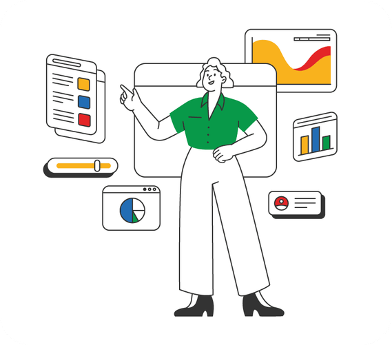Illustration campagne Zoho : femme debout devant des écrans affichant des data visualisations au trait, design digital moderne avec éléments de couleurs flottants, style épuré et créatif