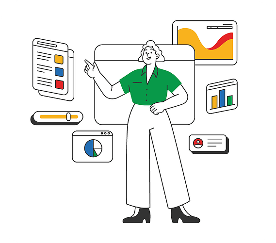 Illustration campagne Zoho : femme debout devant des écrans affichant des data visualisations au trait, design digital moderne avec éléments de couleurs flottants, style épuré et créatif
