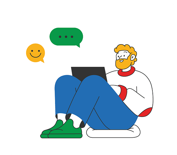 Illustration au trait : personnage souriant et détendu, assis sur un coussin et travaillant sur son ordinateur dans une ambiance zen. Ce design minimaliste aux couleurs vives reflète créativité, innovation et équilibre vie-travail