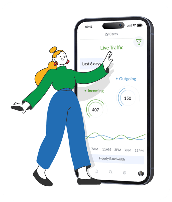 Affiche campagne Zoho : personnage en pose dynamique devant un téléphone portable géant, en train de scroller, character design réalisé  par Clémence Thune