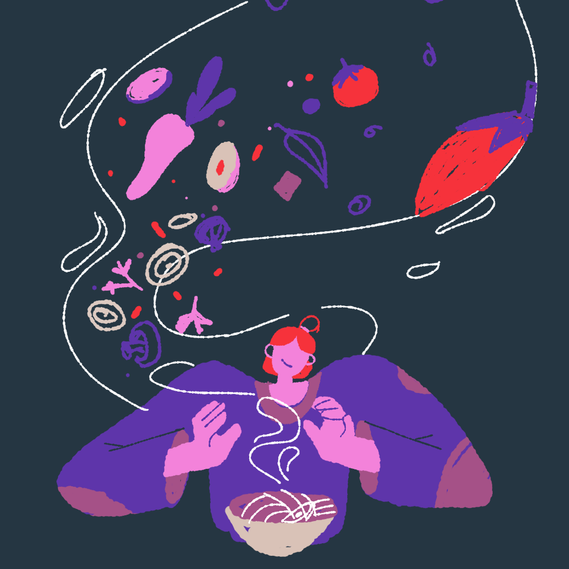 Colored sketch of a red-haired woman smiling in front of a steamy japanese bowl. Vegetables float all around.