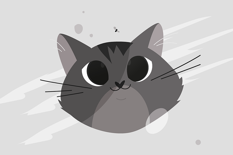 Close-up character study: Michel's innocent furry face fixed on a fly, while giant claw marks behind him tell a different story. Duality of cat.