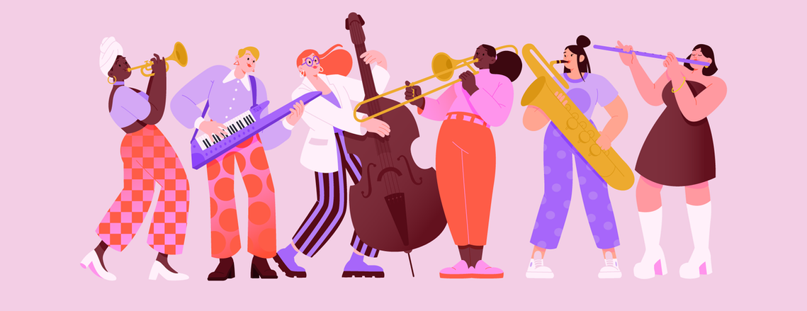 Jazz music band - women musicians It feels like the good stuff seems to always come out of the blue. That's why I've been listening to a lot of jazz everyday for the last two years; so many tunes lift me up and calm me down with their unexpected goodness.