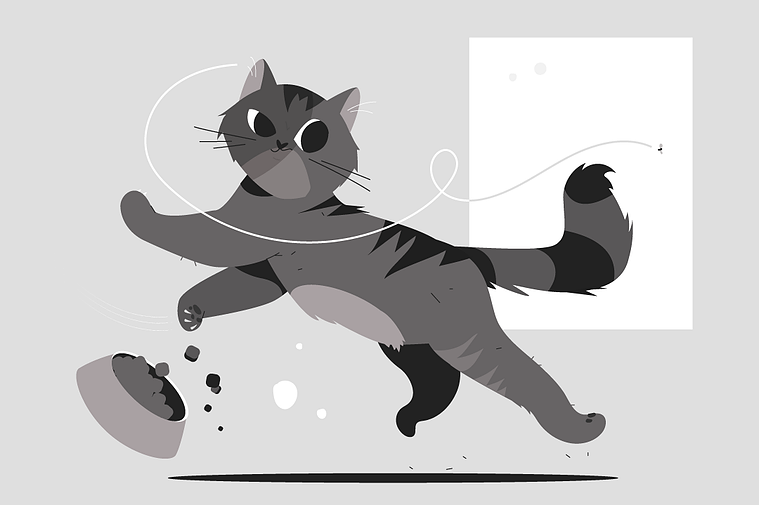 Character movement study capturing a dramatic moment: cat leaping after escaping fly, disrupting food bowl in the process, emphasizing dynamic feline motion.