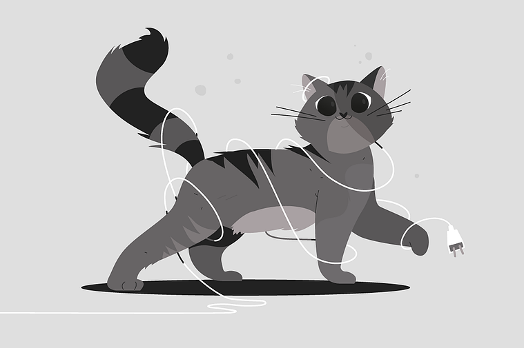 Character study of Michel displaying perfect feline innocence: mid-stride, tail high, masterfully entangled in cables while maintaining his 'I didn't do anything' expression.