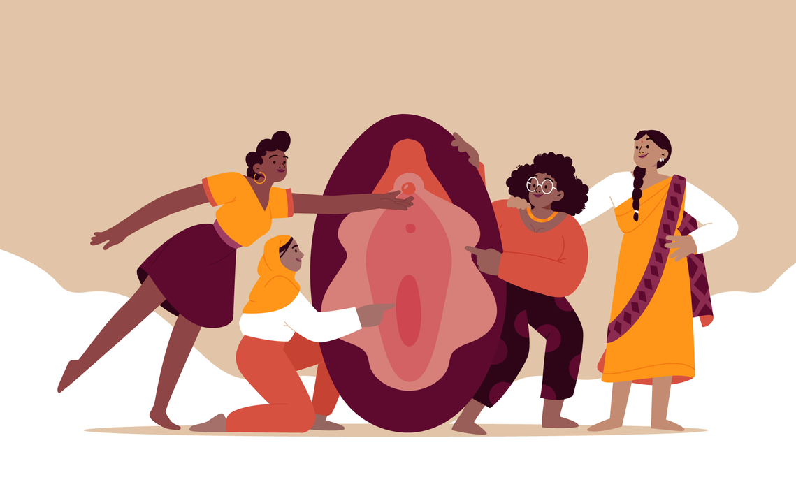 4 2D characters. Women surrounding a human sized beautiful vulva. Facial expressions of joy and gentleness.