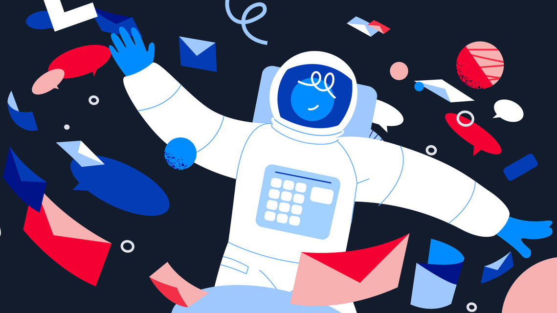 A jubilant cosmonaut character floats with arms wide open in space, surrounded by elements symbolizing the flow of conversations and messages. Their happiness is evident as they revel in the freedom and connectivity of the digital universe.