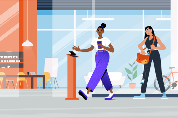 Young black woman enters office main entrance with Amazon pay-by-palm technology