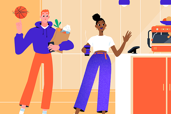 Young black woman paying for coffee with Amazon pay-by-palm technology. Impressed young white man waits behind with wallet in hand