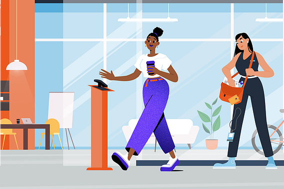 Young black woman enters office main entrance with Amazon pay-by-palm technology