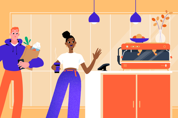 Young black woman paying for coffee with Amazon pay-by-palm technology. Impressed young white man waits behind with wallet in hand