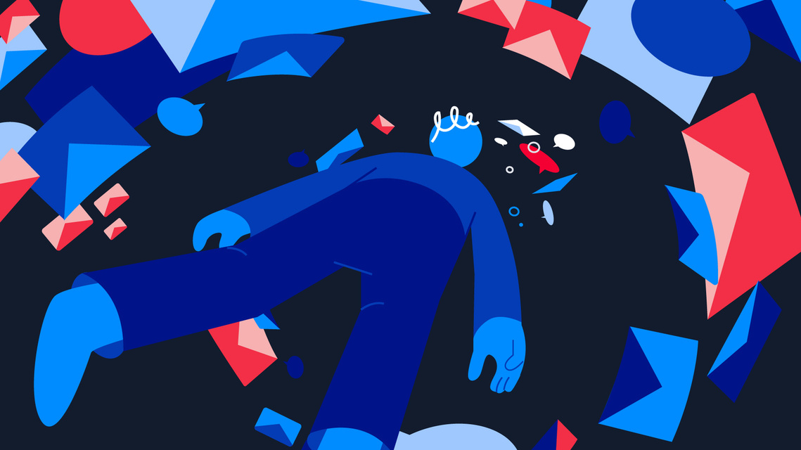 A dive into the scene reveals a character being sucked into space, surrounded by a whirlwind of envelopes. The character's slight deformation creates a sense of movement and chaos amidst the flurry of communications.