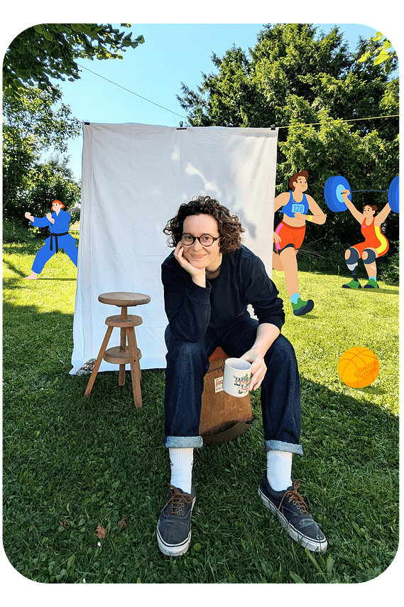 Photo of designer and illustrator Clémence Thune in her sunny garden. She's relaxed and smiling. Her characters come to life in the background.