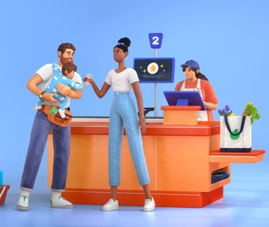 4D characters : man, 2 women and baby by the cashier at grocery store