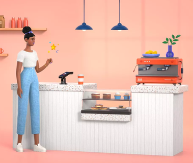 3D Young black woman paying for coffee with Amazon pay-by-palm technolgy