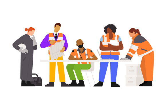 5 characters in workwear in office for briefing