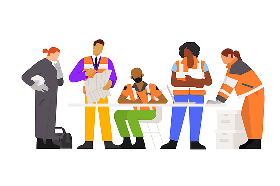 5 characters in workwear in office for briefing