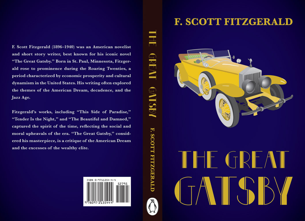 Cover layout with an illustration of a yellow Rolls Royce on the cover with the title "The Great Gatsby" underneath. There is a black spine and on the left is the summary of the auther, F. Scott Fitzgerald.