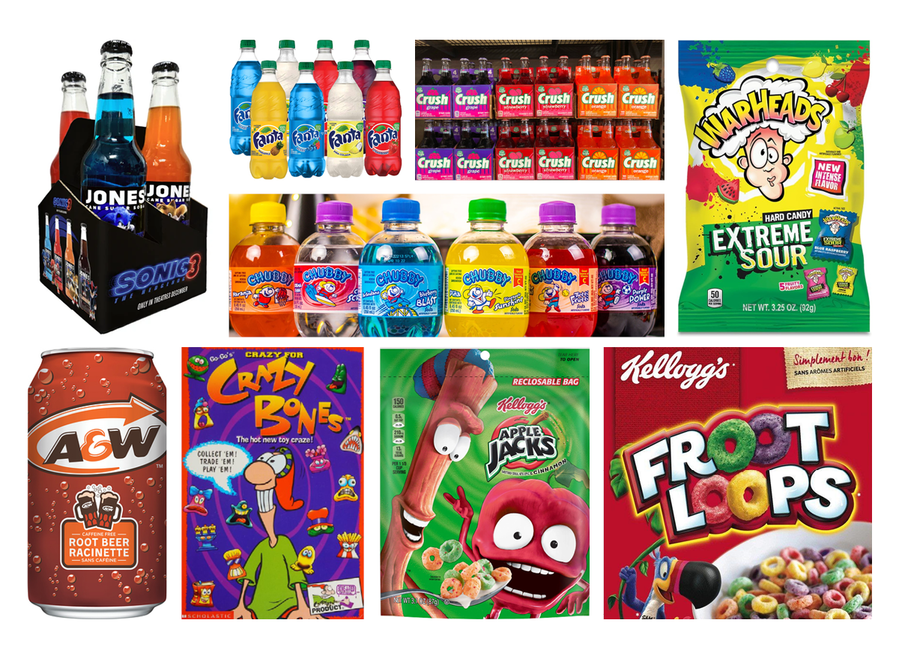 Moodboard of different colourful soda brand bottles and mascots from different candy and cereal brands.