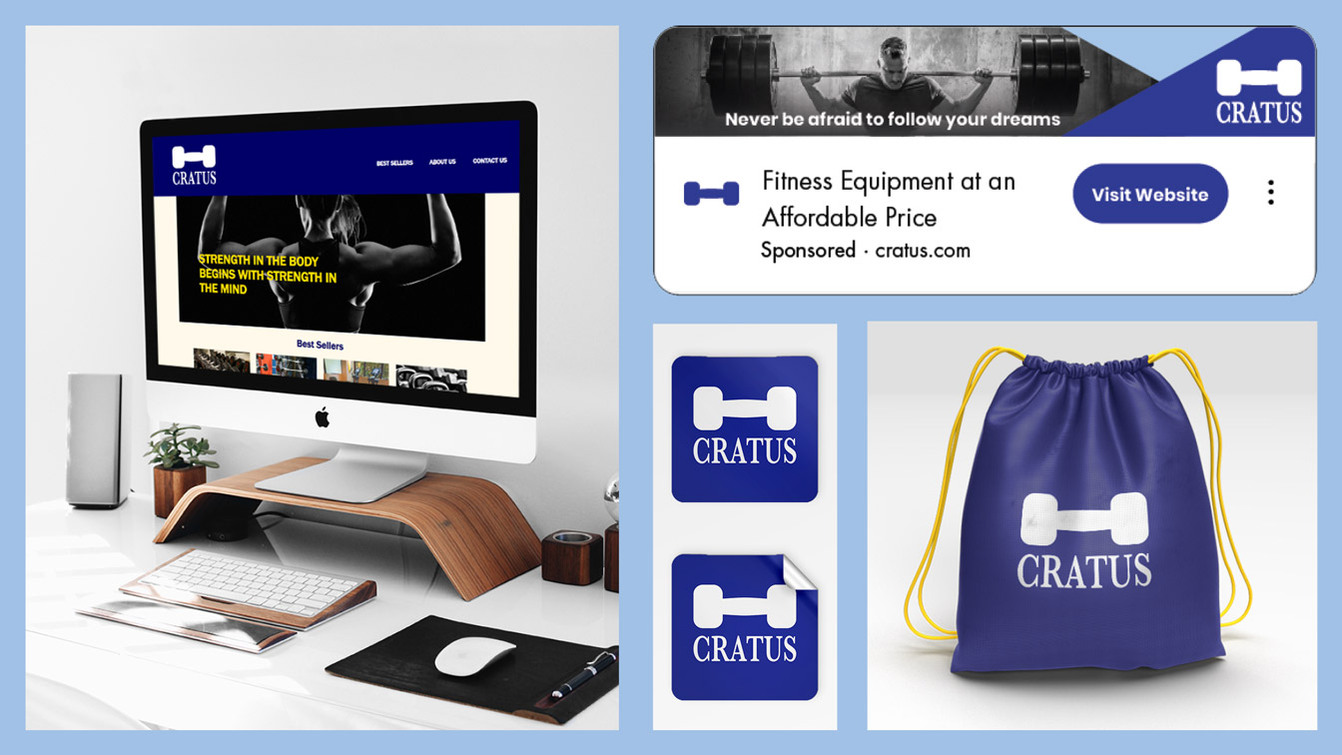 Branding layout which includes the Cratus landing page on a desktop monitor, a youtube web banner ad, 2 Cratus stickers, and a Cratus drawstring gym bag.