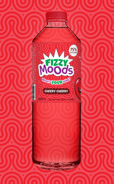 A bottle of Cheery Cherry soda in front of a loopy red background texture.