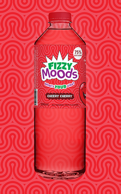 A bottle of Cheery Cherry soda in front of a loopy red background texture.