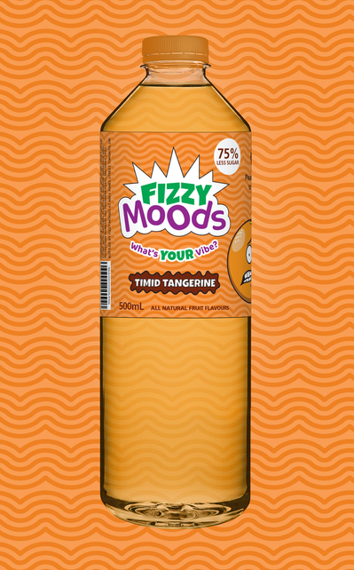A bottle of Timid Tangerine soda in front of a wavering orange background texture.
