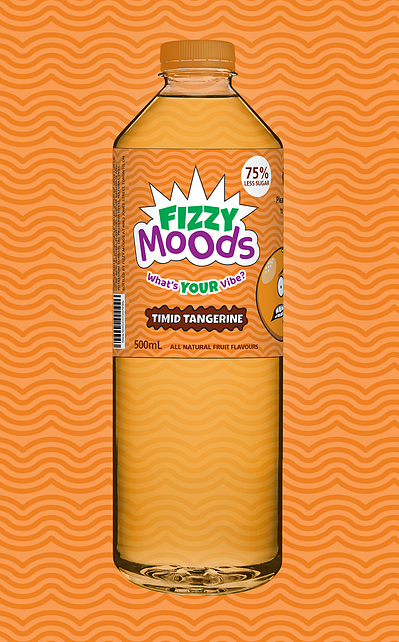 A bottle of Timid Tangerine soda in front of a wavering orange background texture.
