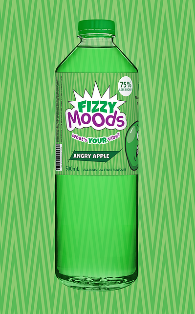 A bottle of Angry Apple soda in front of a jagged green background texture.