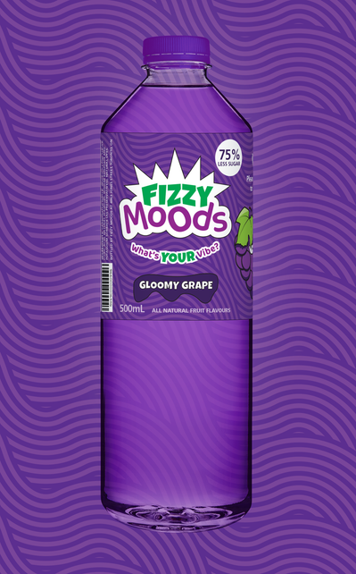 A bottle of Gloomy Grape soda in front of a droopy, wavy purple background texture.