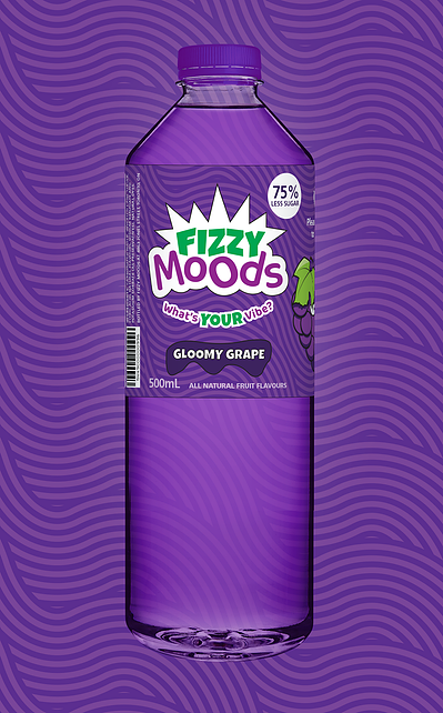 A bottle of Gloomy Grape soda in front of a droopy, wavy purple background texture.