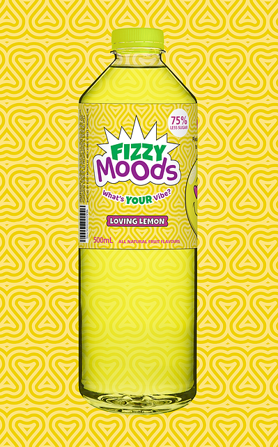 A bottle of Loving Lemon soda in front of a yellow heart-pattern background texture.