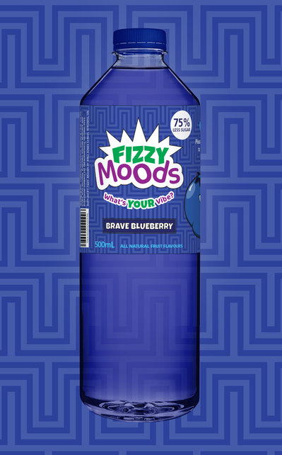 A bottle of Brave Blueberry soda in front of a squared off blue background texture.