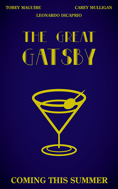Great Gatsby poster rendition I designed with an illustration of a martine glass in solid goldish yellow over a dark blue background.