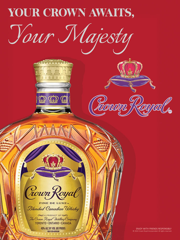 Magazine ad for Crown Royal with the bottle placed in the bottom left, the tagline "Your Crown Awaits, Your Majesty" above it and the logo to the right.