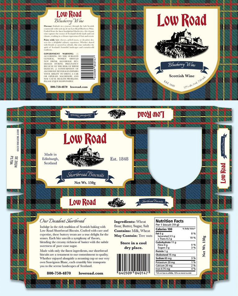 Resulting layouts of the Low Road wine label and shortbreat box which both use the tartan pattern in the background.